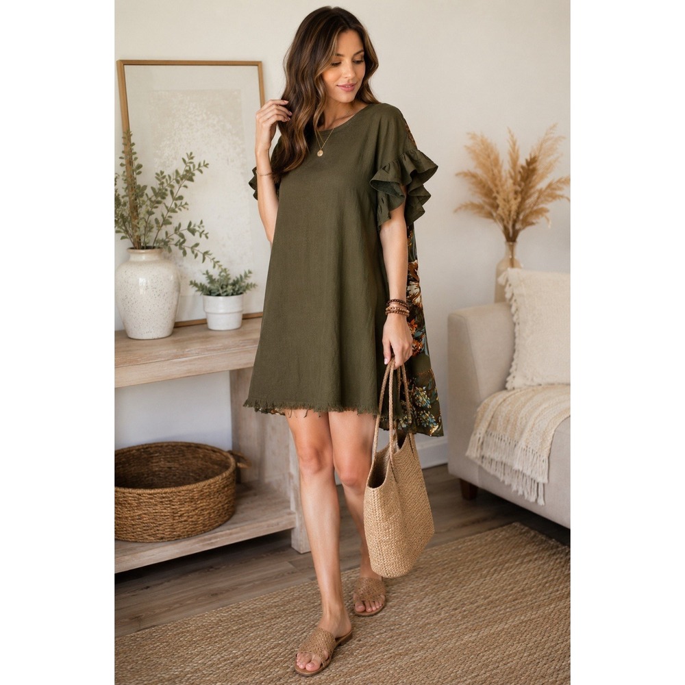 Umgee S Olive Green Mixed Media Shift Dress Floral Back Ruffle Sleeve Boho Hi-lo